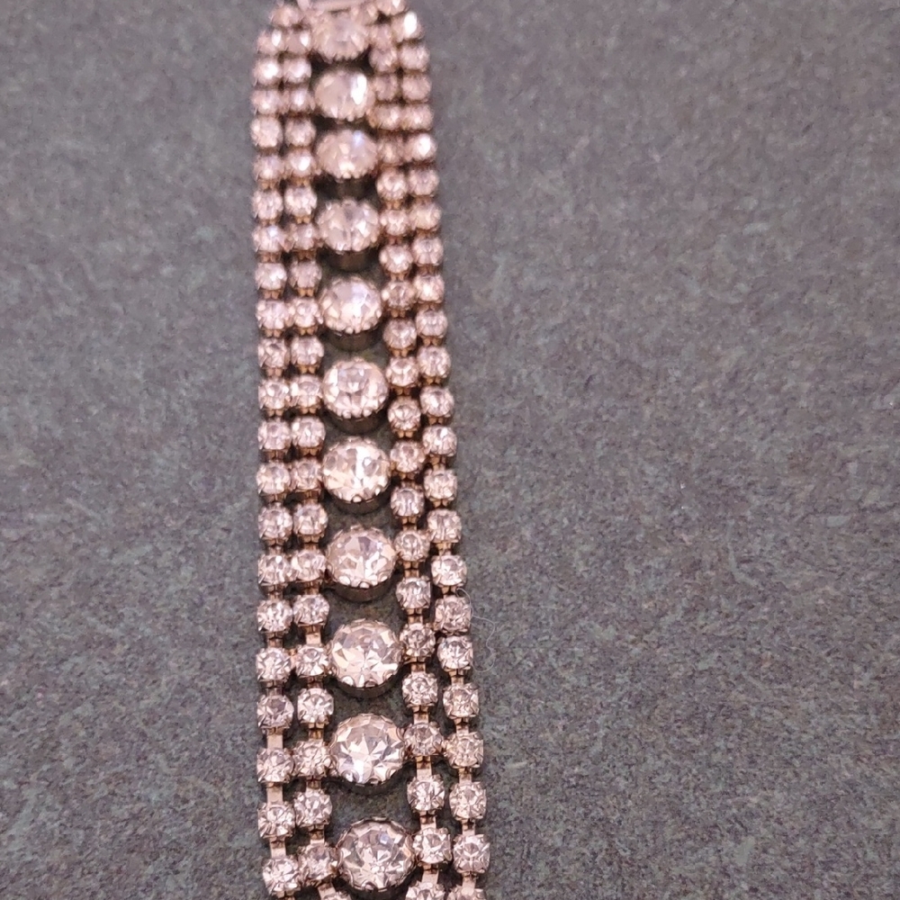 Vintage Silver Tone Clear Rhinestone Wide Bracelet - Picture 2 of 7